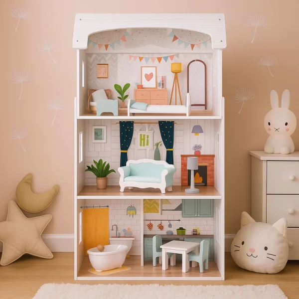Domek dla lalek Alice 3 piętra 4 pomieszczenia komplet 9 mebelków ECOTOYS