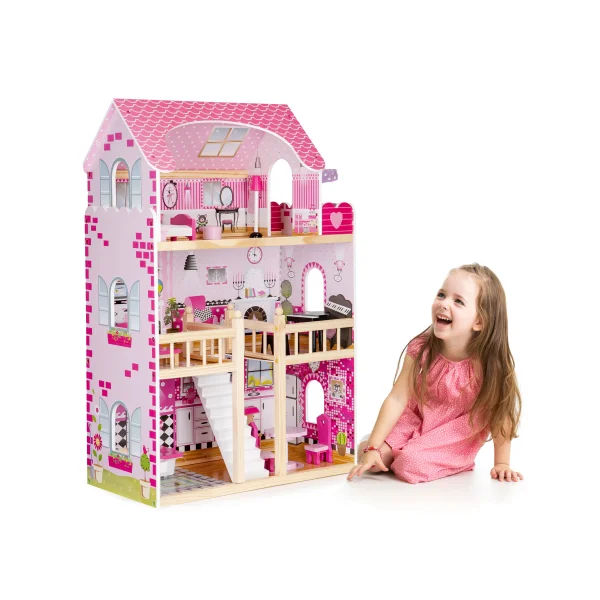 Drewniany domek dla lalek mebelki ECOTOYS