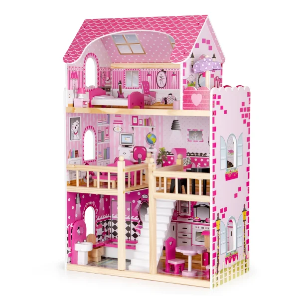 Drewniany domek dla lalek mebelki ECOTOYS