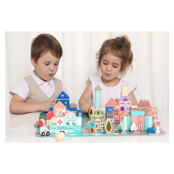 Drewniane klocki edukacyjne miasto z matą 115 szt ECOTOYS