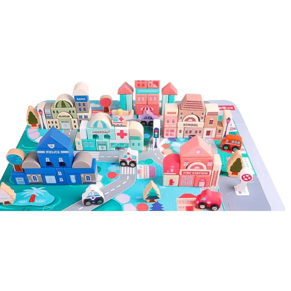 Drewniane klocki edukacyjne miasto z matą 115 szt ECOTOYS