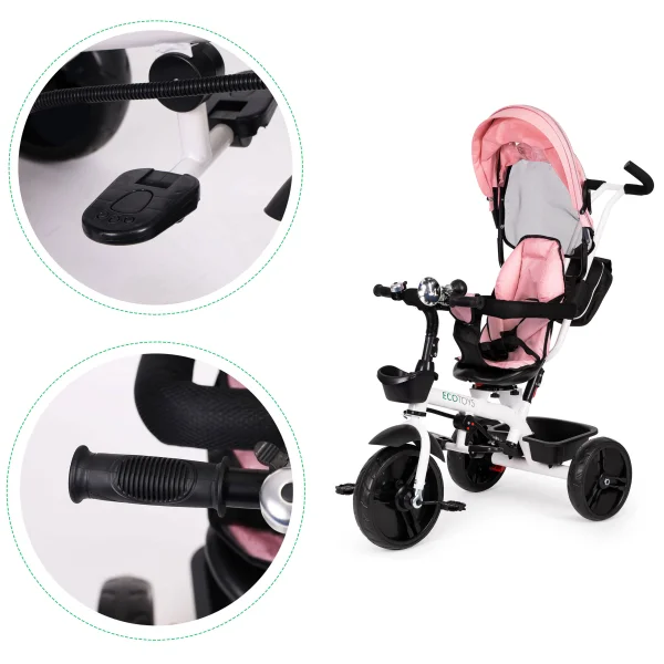 Rowerek trójkołowy spacerówka obracany fotelik 360* Różowy ECOTOYS