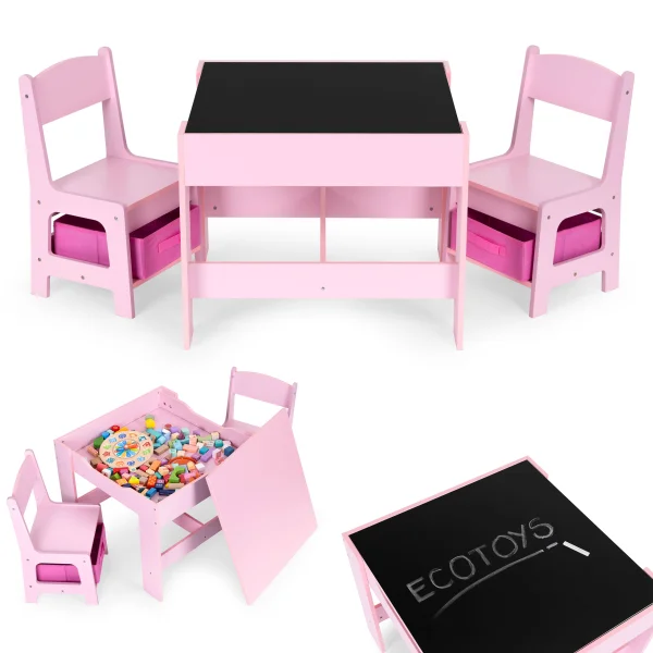 Zestaw mebli dla dzieci stolik + 2 krzesła tablica kredowa różowy ECOTOYS